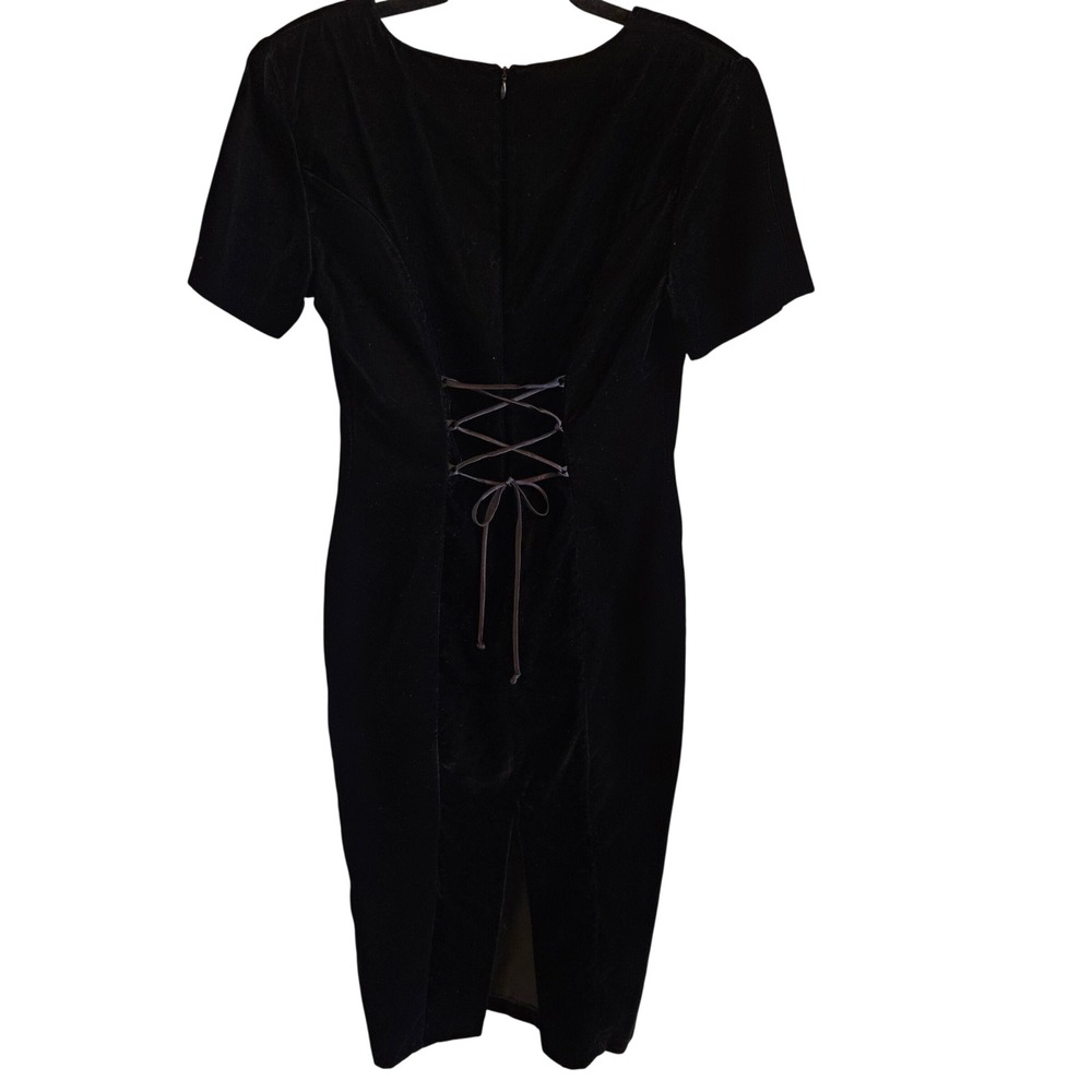 Vintage Gantos Velvet Sheath Dress SZ 11 Back Slit & Lace Up Feature Fitted Midi